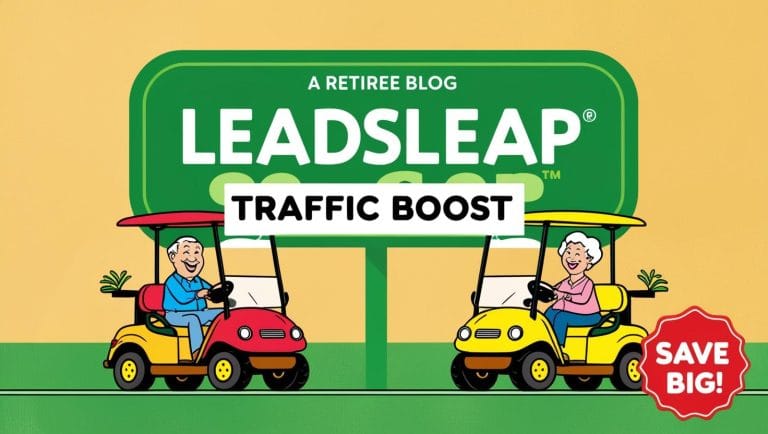 Cartoon retirees driving to LeadsLeap for retirees traffic boost—save big on easy income for retirees!

