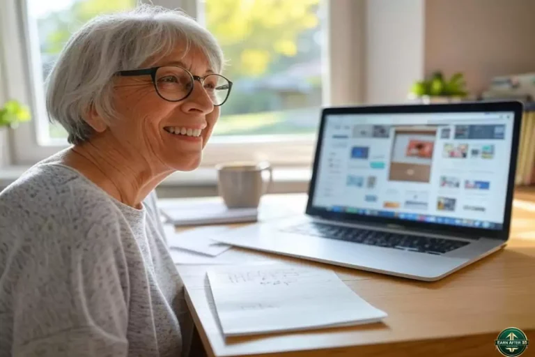 Smiling retiree at desk with laptop running an online business for retirees in 2025
