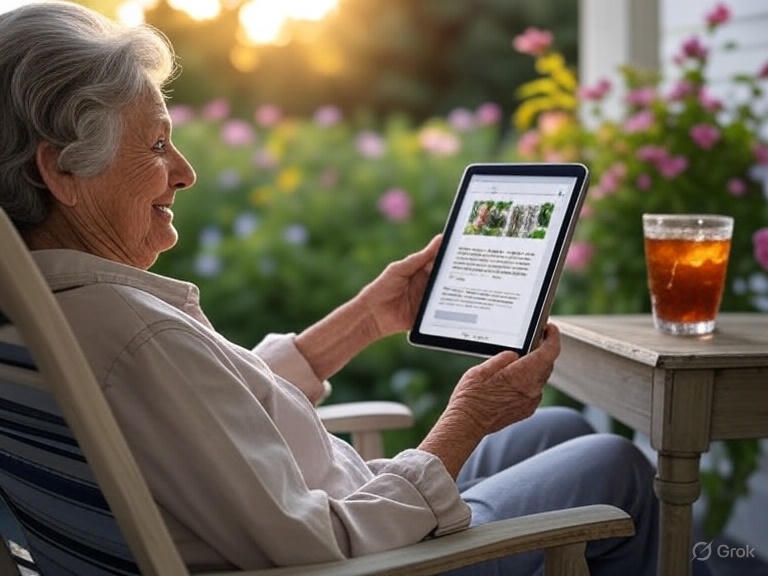 Retiree exploring best free blogging sites on a tablet