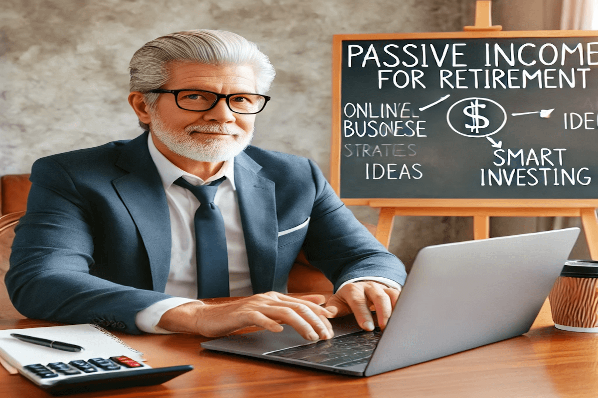 A retiree sitting at a desk, planning passive income strategies for retirement, using a laptop and a financial notebook.