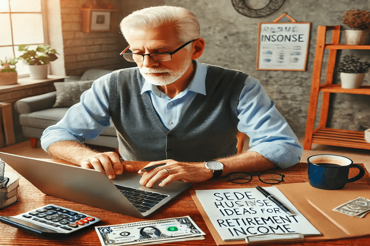 A retiree sitting at a desk, brainstorming best side hustles 2025 and ideas for retirement income, using a laptop and business notes.