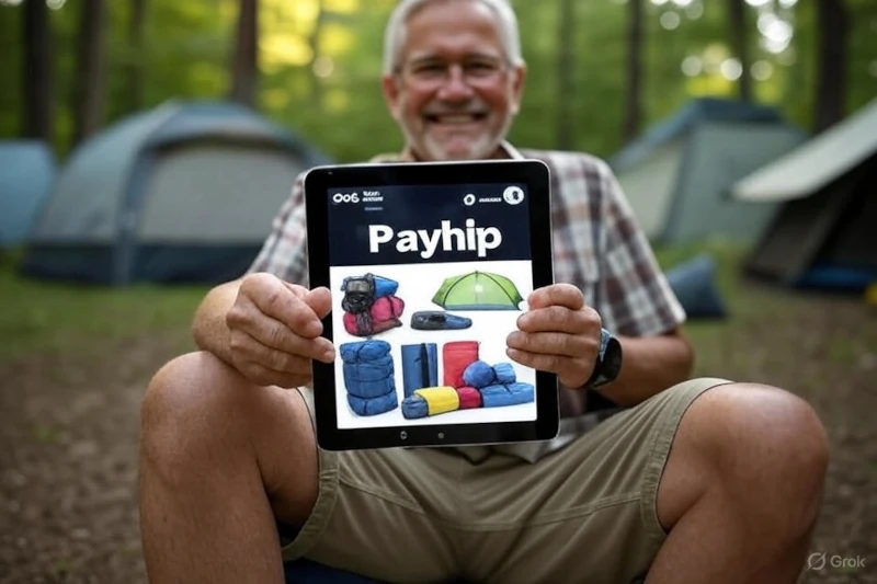 Retiree dropshipping guide: Bob showcasing his Payhip camping gear store at a campsite