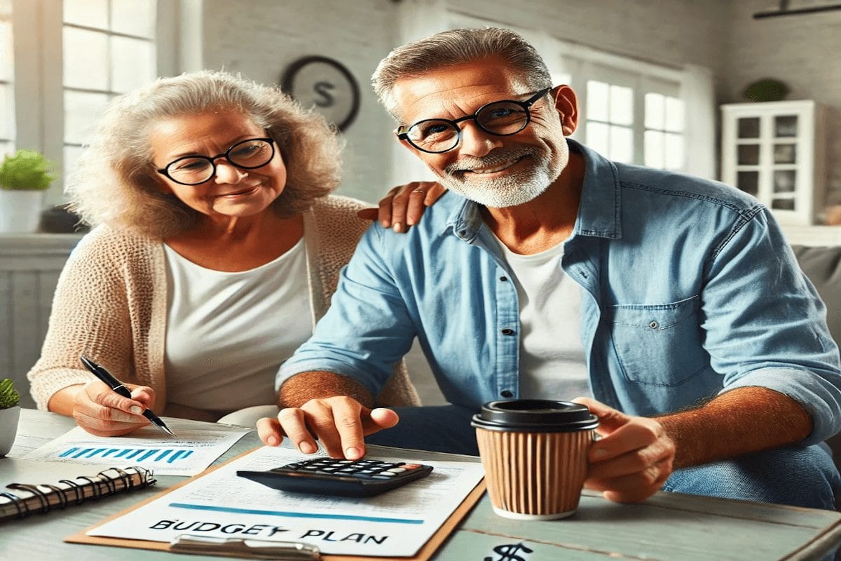 Senior couple using budgeting for retirees tips to plan 2025 savings at home.