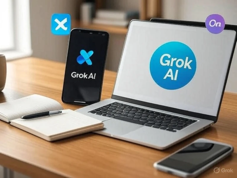 A clean, flat-lay image of tools for the content challenge for retirees: a laptop with a Grok AI logo, a smartphone showing the X app, a notebook with a pen, and a coffee mug. The background is a warm wooden desk, with a soft, neutral color palette (beige, white, browns) for a professional yet cozy vibe. Include subtle icons of BlueHost and Canva to tie to affiliate links. Style: realistic, high-resolution, 1200x800 pixels.