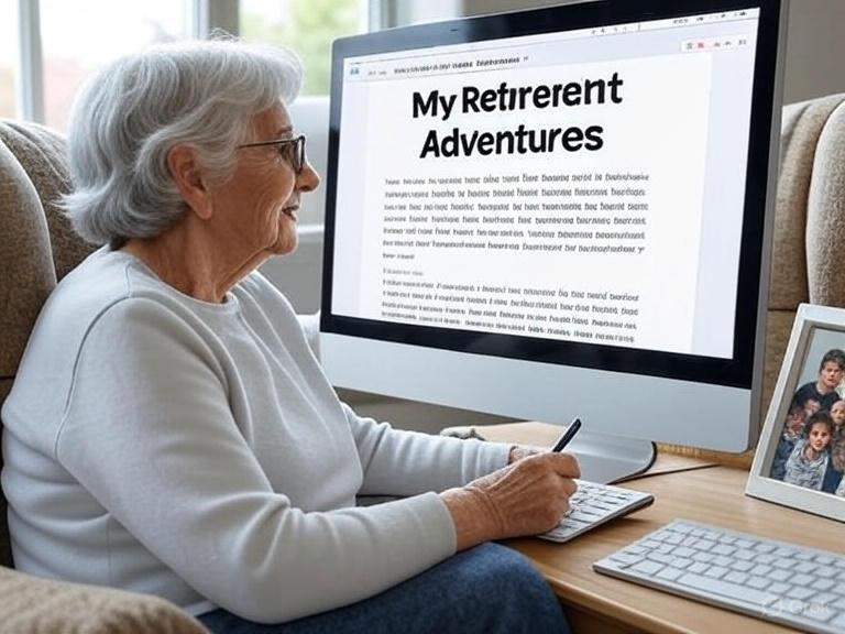Senior using easy blogging platforms like Medium in 2025