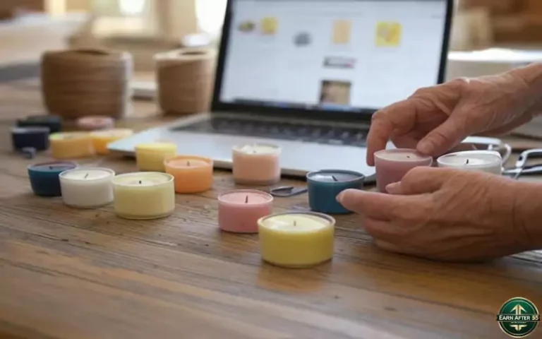 Retiree preparing handmade candles for an online business for retirees on Etsy