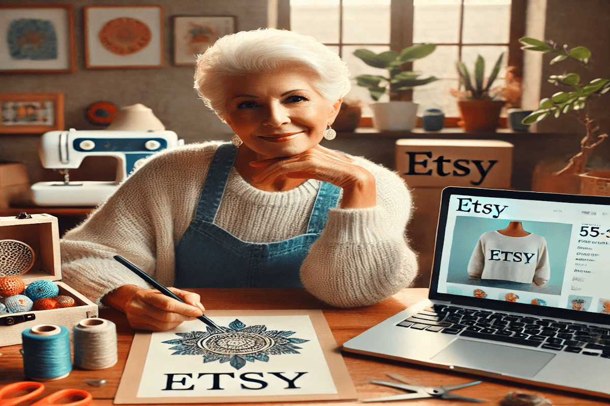 A retiree sitting at a desk, creating a digital printable or handmade item for sale on Etsy, preparing to launch their online shop.
