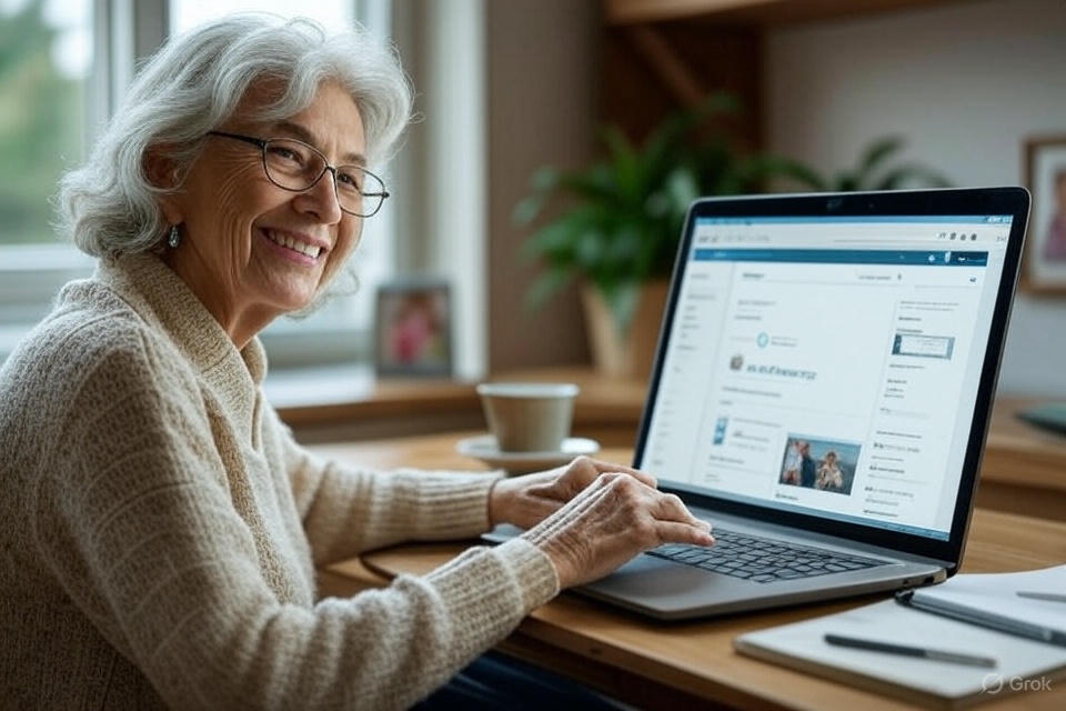 Senior using free blogging platforms 2025 on a laptop