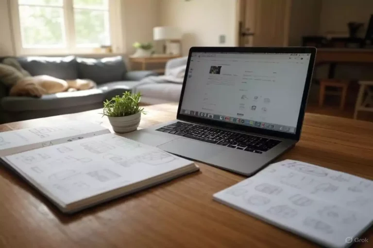 Cozy home office with laptop and herb plant for home-based businesses for retirees, showcasing renting space and pet sitting ideas.