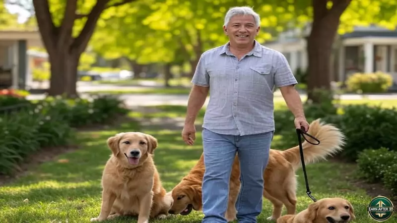 Retiree walking dog in park for home-based businesses for retirees, highlighting pet sitting for seniors and gardening services.