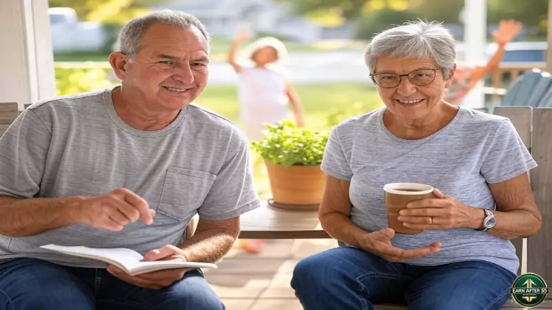 Retiree couple planning on porch for home-based businesses for retirees, featuring renting space for income and gardening services.