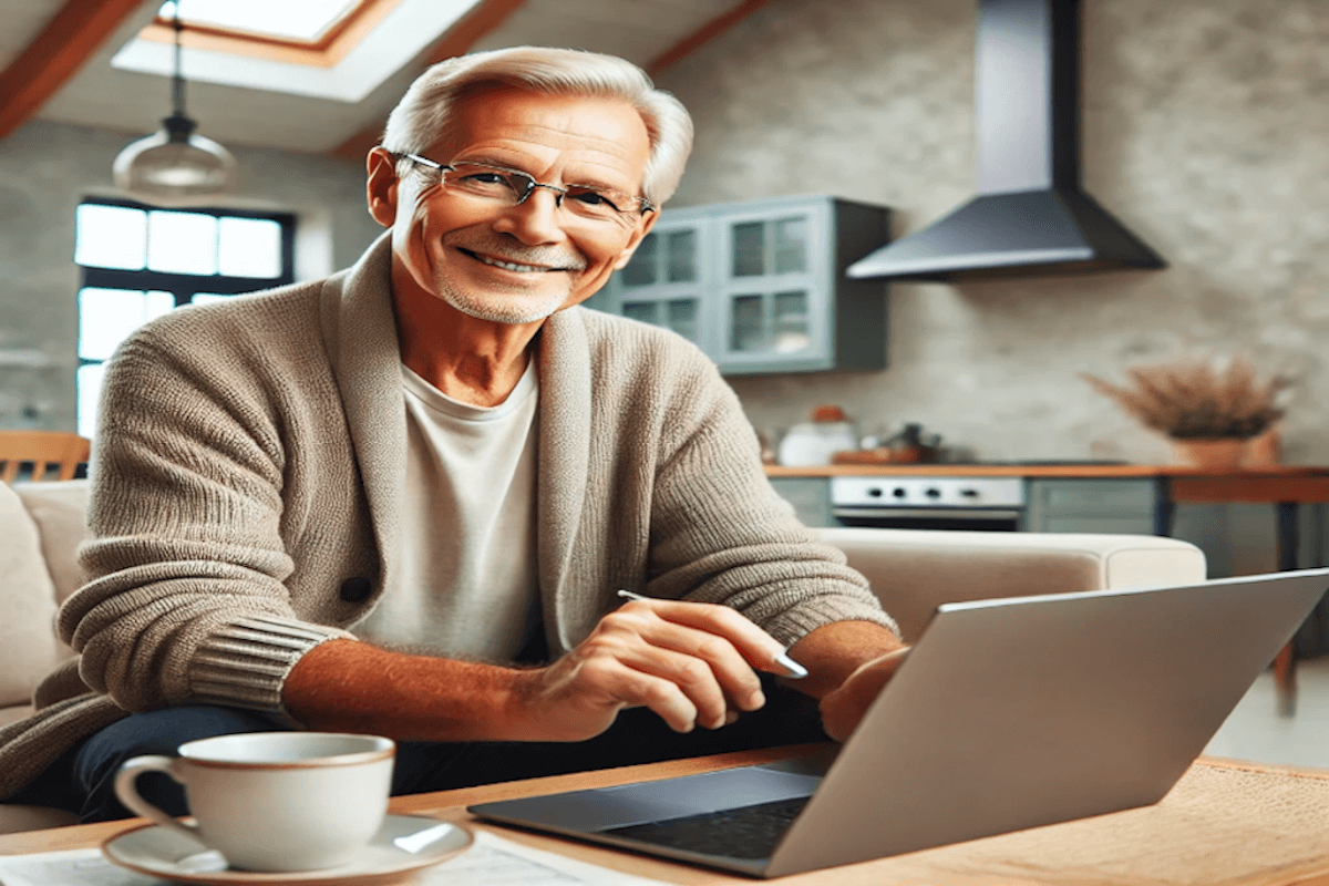 Confident retiree (55+) sitting in a cozy home, working on a laptop, reviewing finances, and building an online business, symbolizing financial independence after 55.