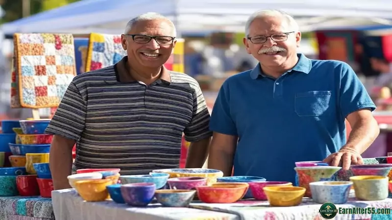 Inspiring retiree entrepreneurs smiling while selling handmade crafts at a lively market, showcasing side hustle success for seniors.