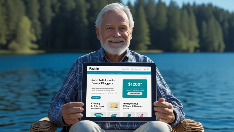 Blogging for seniors: John showcasing his Payhip fishing blog by a lake.