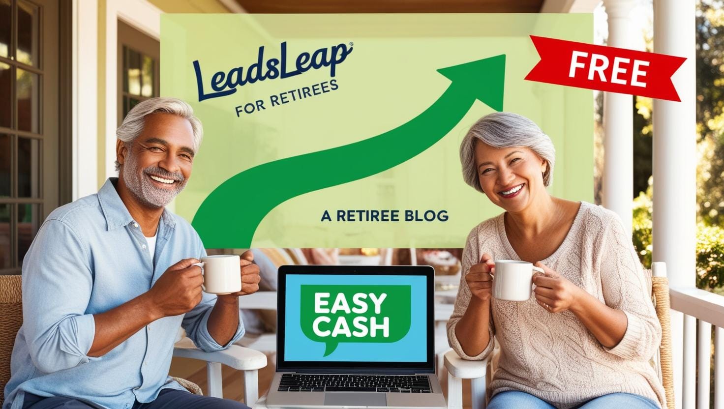 Retiree couple with laptop showing $30/day from LeadsLeap for retirees—easy income for retirees made simple!