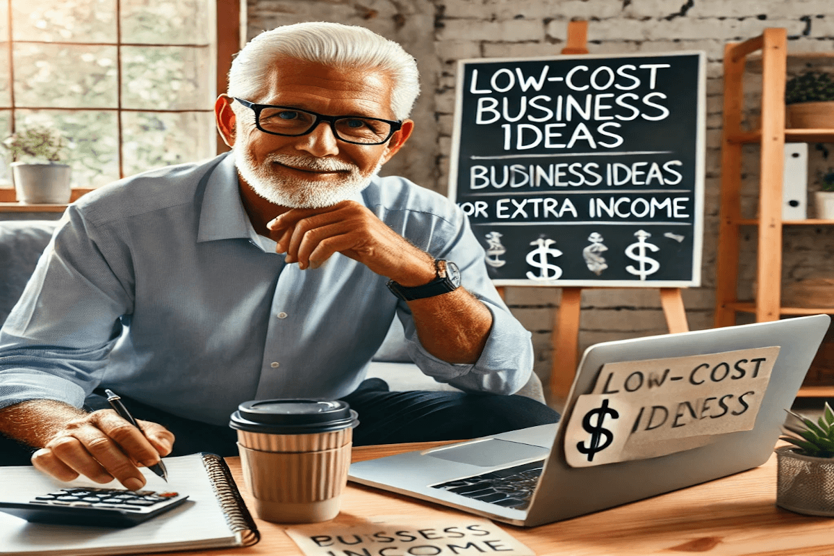 A retiree sitting at a desk, brainstorming low-cost business ideas for retirees and ideas for extra income, using a laptop and a business strategy notebook.
