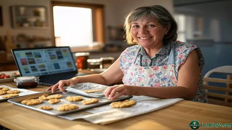 Retiree making money after 55 by selling baked goods online from a cozy home kitchen, smiling with a laptop.