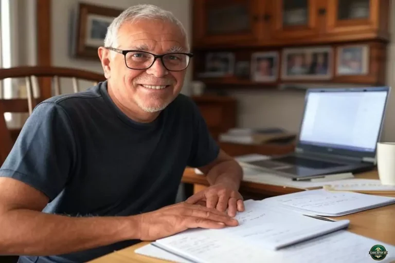 Happy retiree at laptop monetize skills in Retirement, smiling in cozy home office, 55+ thriving with side hustles.