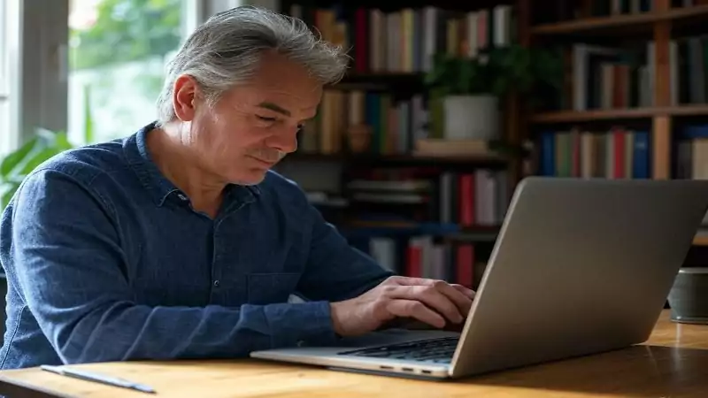 Retiree typing on laptop with coffee mug, exploring affiliate marketing for retirement income strategies over 55—easy cash after 55
