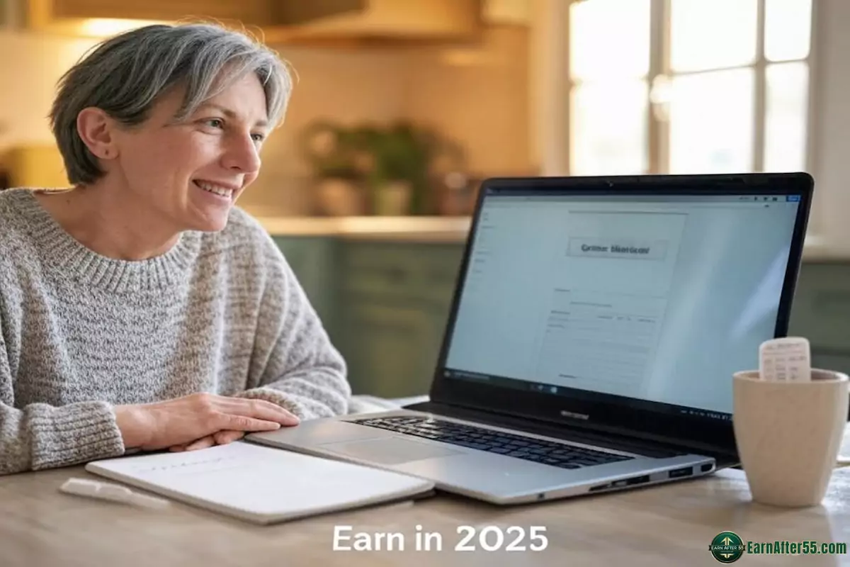 Retiree smiling at laptop earning passive income for retirees 2025