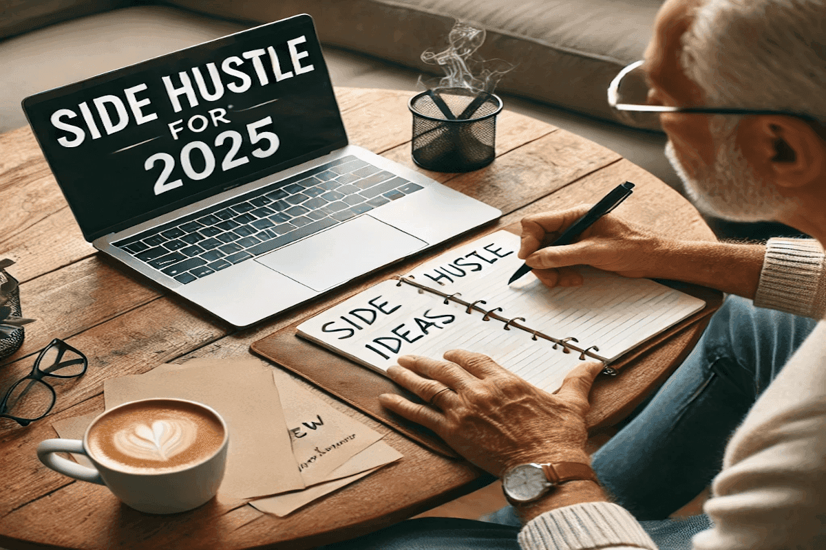 Retiree at desk with best retirement income ideas for 2025 on laptop