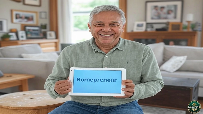 Retiree holding tablet with Homepreneur blog post, celebrating home business success.