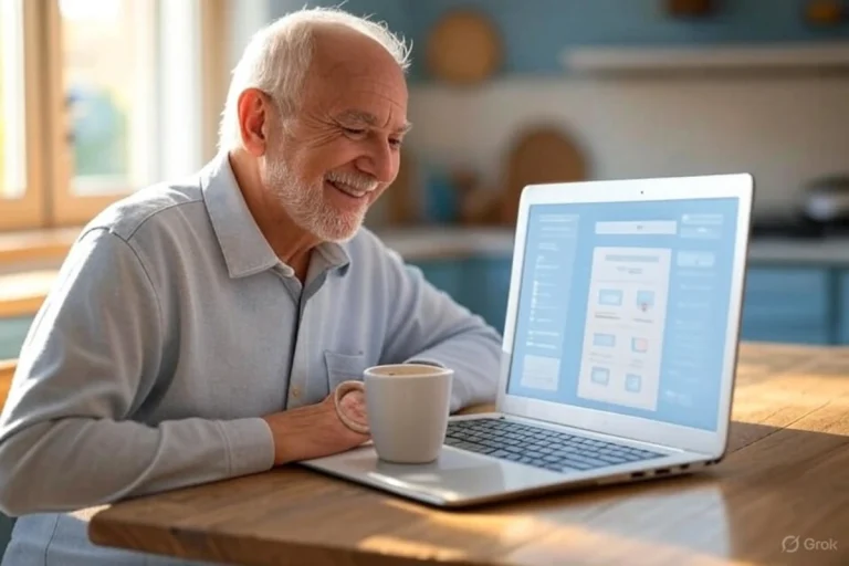Retiree dropshipping guide: Smiling senior working on a Payhip store from a cozy kitchen.