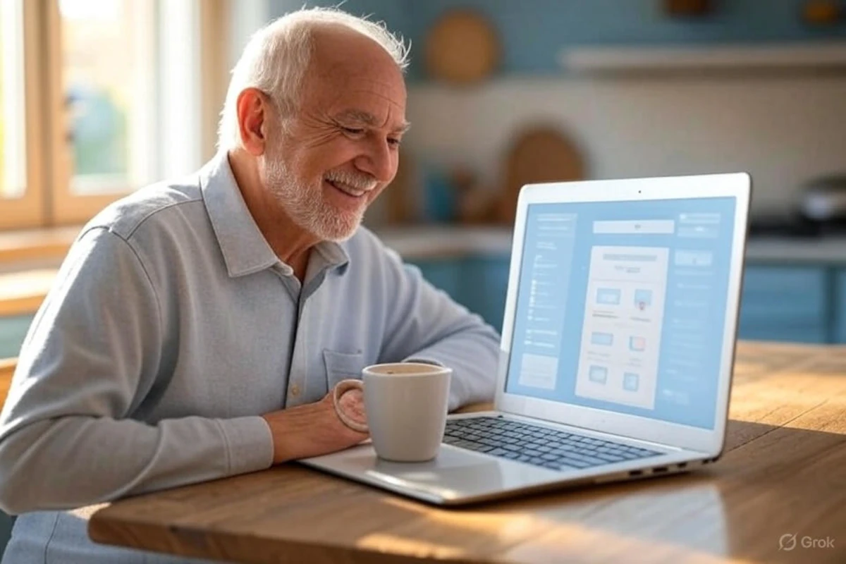 Retiree dropshipping guide: Smiling senior working on a Payhip store from a cozy kitchen.