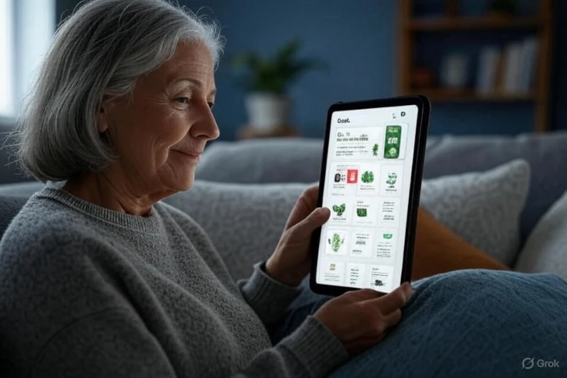 Grok AI for retirees: Senior researching dropshipping niches with Grok AI.
