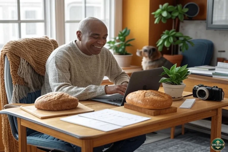 Retiree at home desk with laptop, scarf, bread, and plants, launching a home-based business in 2025