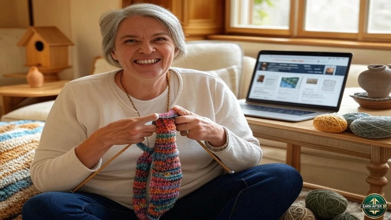 Retiree knitting a scarf at home with laptop showing Etsy shop for handmade crafts.