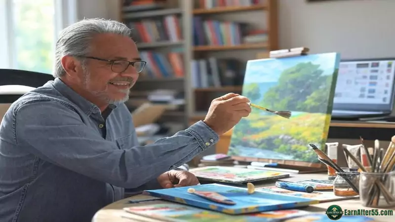 Retiree exploring retiree side hustle ideas, painting in a bright home studio with art supplies and a canvas.