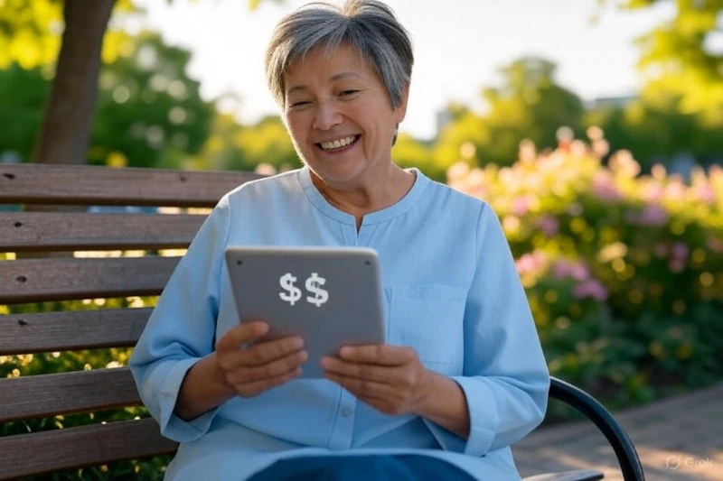 joyful 62-year-old retiree (inspired by Mary from the blog) sitting at a park bench, smiling at her tablet showing a blog post titled “Travel Tips for Seniors.” The background features a lush park with greenery, symbolizing freedom and success. Use a bright, uplifting color scheme (blues, greens, yellows) and add a subtle dollar-sign overlay to hint at income ($700/month). The image ties to the content challenge for retirees success. Style: realistic, high-resolution, 1200x800 pixels.