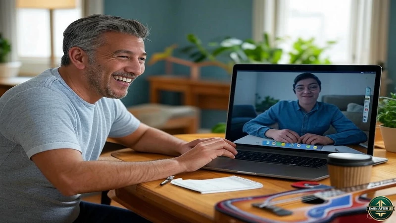 Retiree tutoring online via Zoom at home desk with books and guitar for home business.