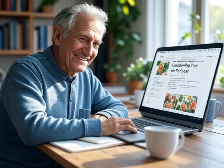 A cheerful 60-year-old retiree sitting at a cozy home desk, smiling while typing on a laptop with a notebook and coffee mug nearby. The screen shows a blog post titled “Gardening Tips for Retirees.” The scene is bright, with natural light streaming in, and a warm color palette (soft blues, greens, and yellows). Include subtle tech elements like a Grok AI logo on the screen to tie to the content challenge for retirees. Style: realistic, high-resolution, 1200x800 pixels.