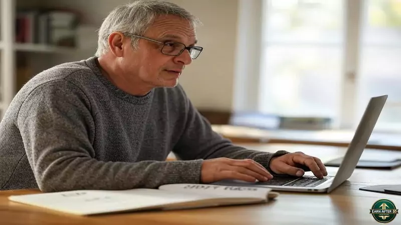 Retiree writing retirement business ideas at desk, typing on laptop, 55+ creating blog for income.