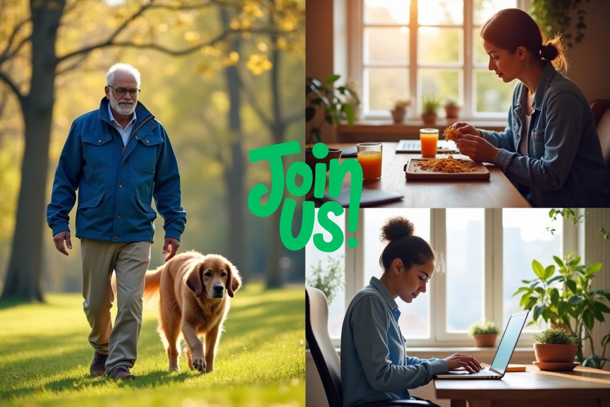 Retiree collage of retirement income ideas for 2025 with community invite
