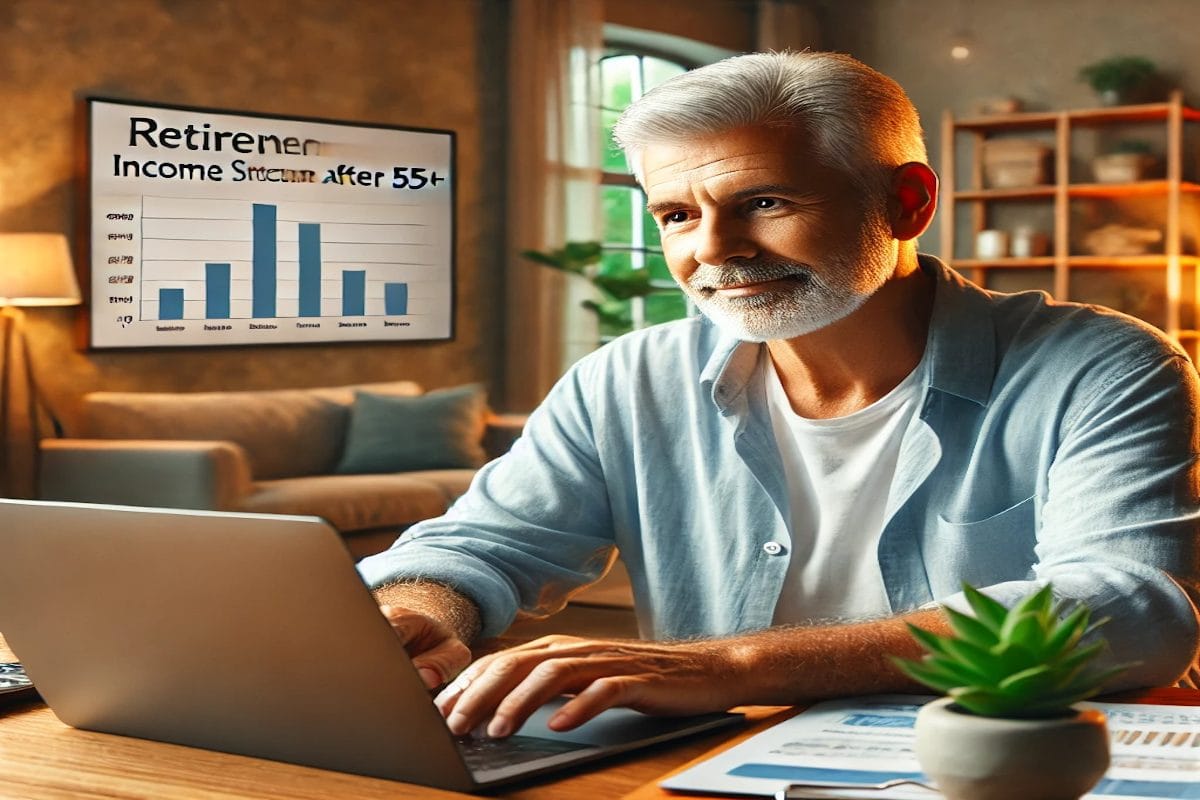 A confident retiree reviewing financial documents and exploring retirement income strategies on a laptop, symbolizing financial security and smart income planning.