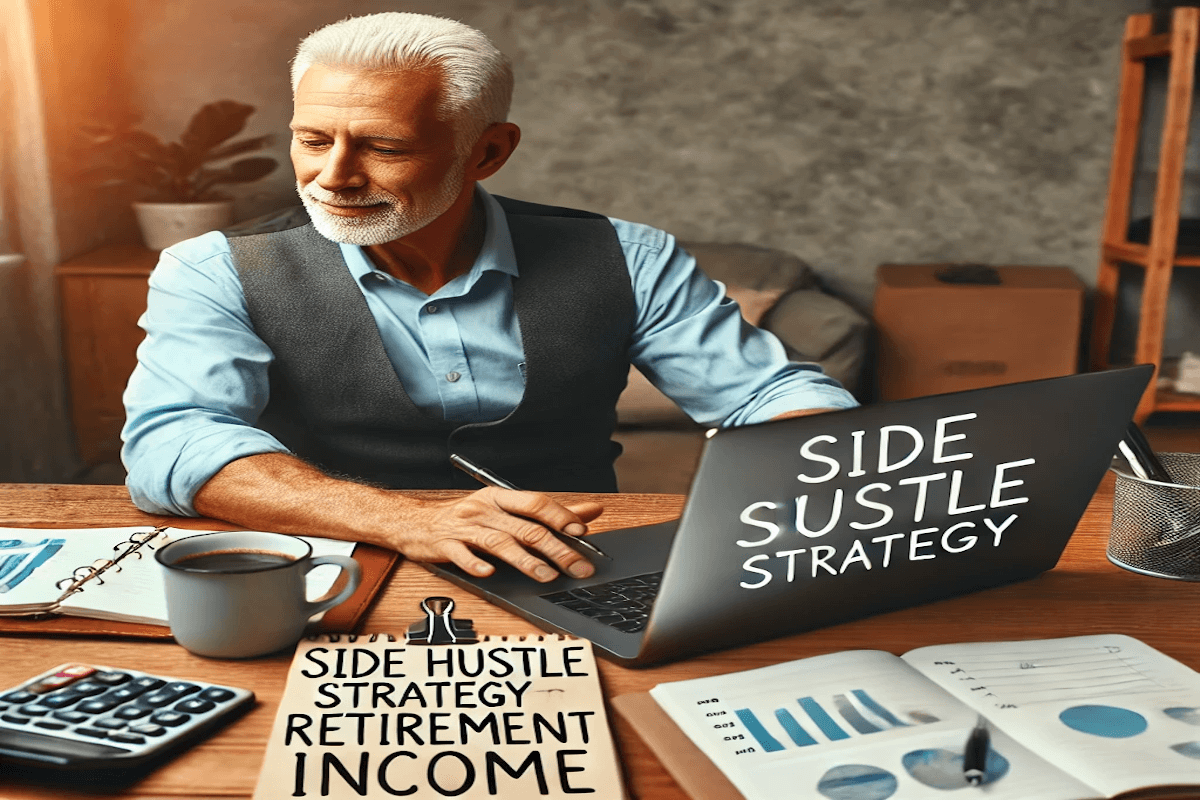 A retiree sitting at a desk, planning a retirement side hustle for lasting income