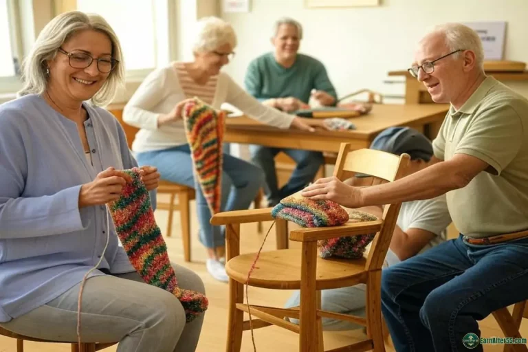 Group of smiling 55+ retirees showcasing retirement side hustle success stories, crafting, tutoring, and fixing items in a cozy setting.