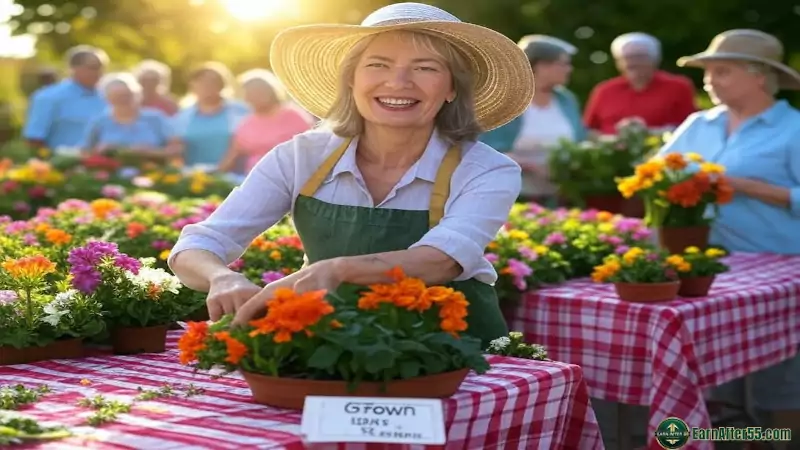 Seniors thriving with side hustles for seniors, gardening and selling plants at a local community sale.