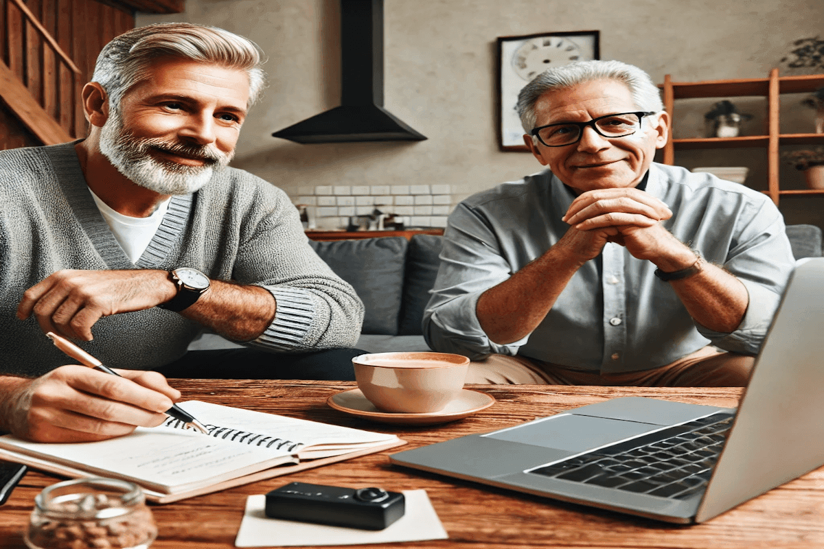 A retiree sitting at a desk, coaching a client via a video call, offering consulting services based on years of experience.