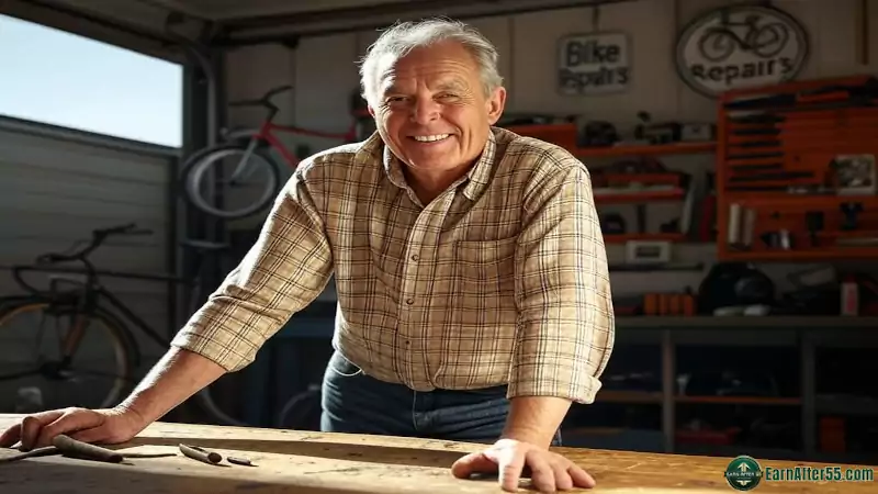 Retiree showcasing successful side hustles for retirees, fixing a bicycle in a sunny garage workshop.