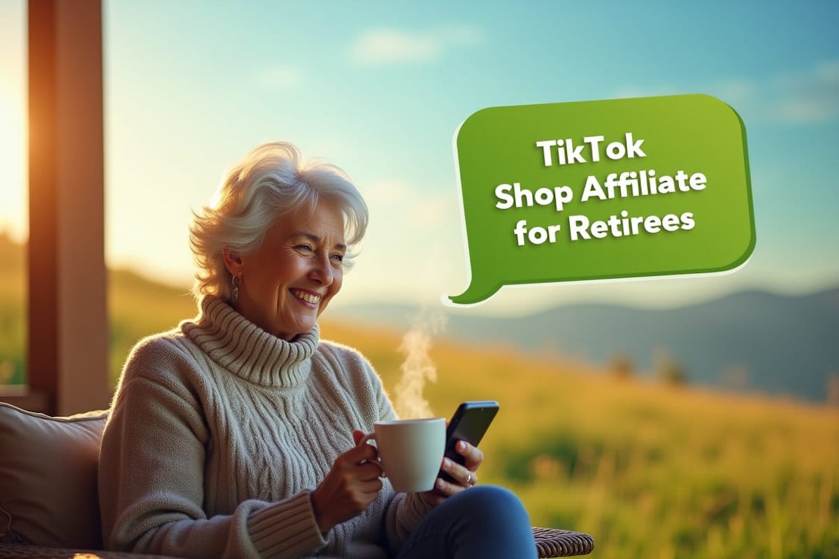 Retiree with coffee on porch holding phone showing TikTok Shop affiliate for retirees—easy cash after 55 awaits!