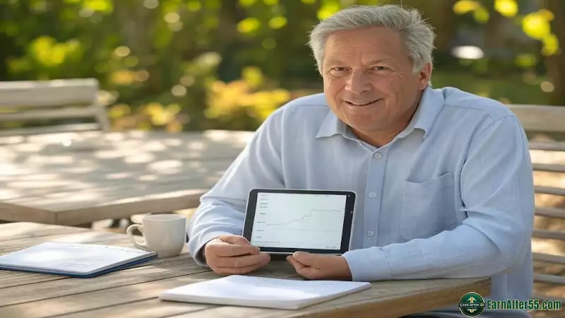 Retiree with tablet planning passive income for retirees 2025